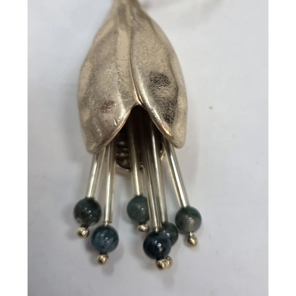 Boho Mixed Metal Leaf Pod Tassel Necklace Green Stone Beads Adjustable Cord